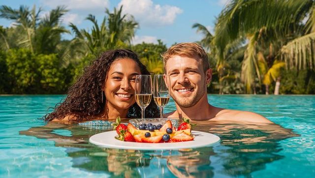 Smiling couple relaxing in tropical pool with fruit and wine