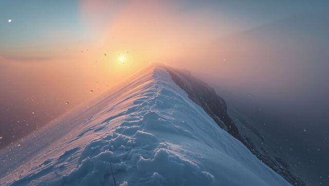 Alpine ridge at sunrise with snow cornices, misty alpenglow and dramatic snow crest
