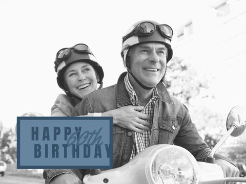 Joyful Couple Riding Scooter Celebrating 60th Birthday