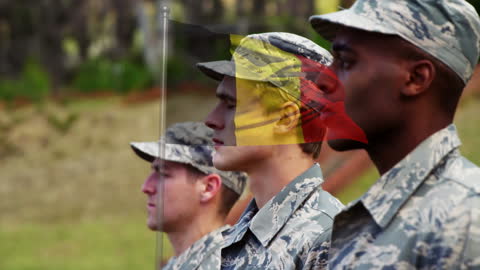 Animation of Belgian Flag with Diverse Soldiers Saluting Outdoors