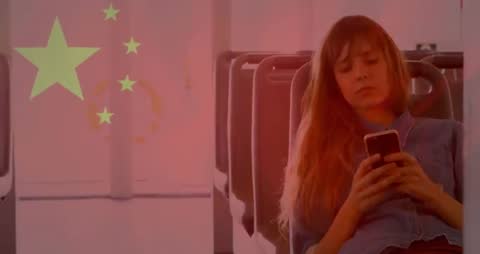 Woman Using Smartphone with Chinese Flag Overlay in Airport Terminal