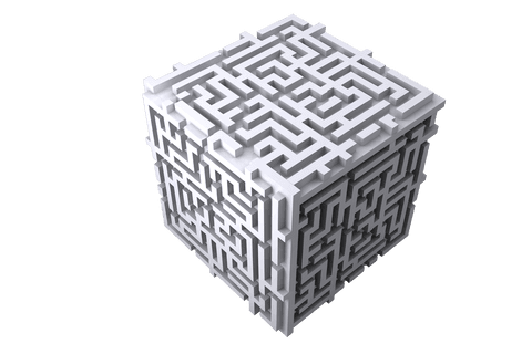 Transparent 3d maze cube on clear background