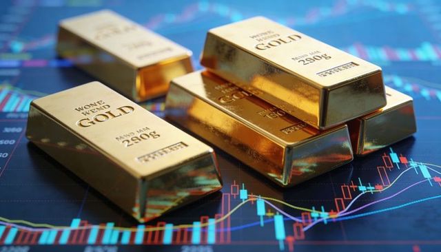 Shining gold bars stacking on trading chart with candlestick graph and indicators