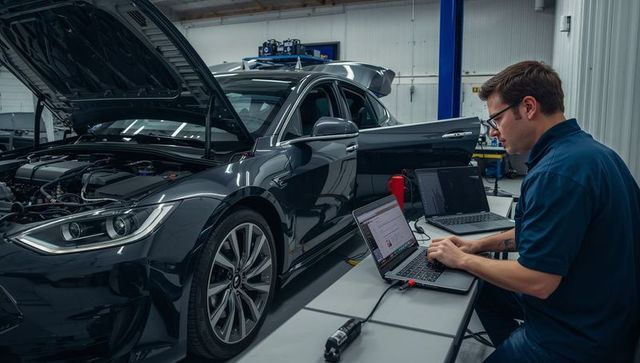 Auto technician performing vehicle diagnostics in repair workshop