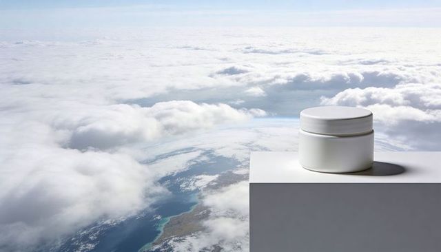 Minimal white cosmetic jar sitting on pedestal above clouds casting shadow for branding