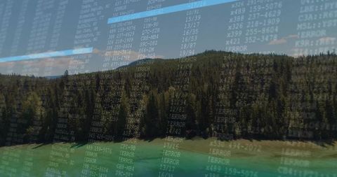 Digital error codes overlaid on serene lake and pine forest