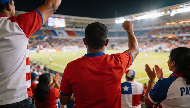 Fans cheering in stadium at night raising arms and clapping in red jerseys under floodlights