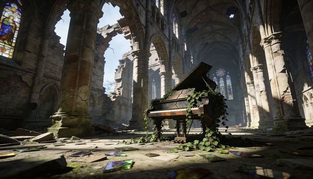 Overgrown grand piano in ruined gothic cathedral with stained glass shards and ivy