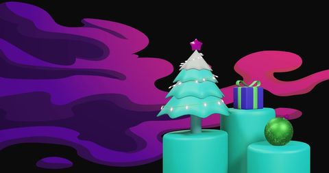 Modern Christmas Tree and Gifts on Blue Podium with Vibrant Background