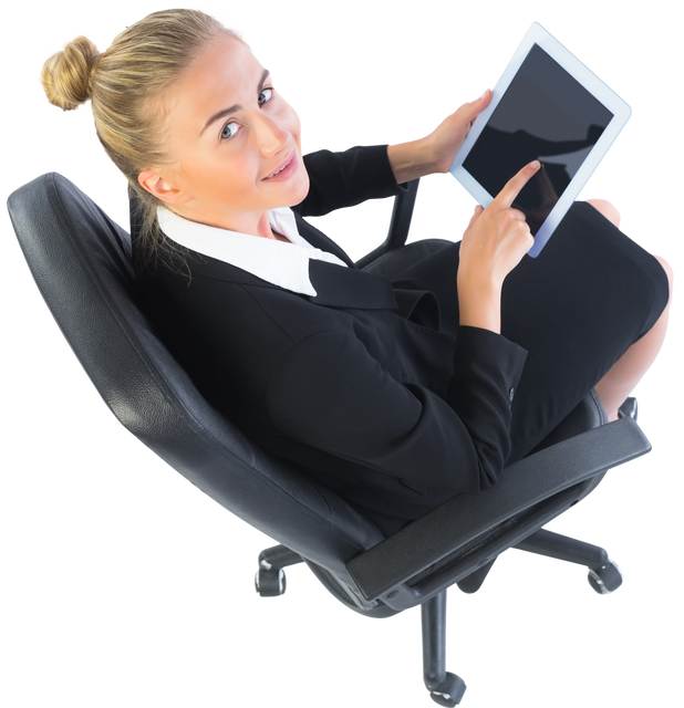 Blonde Businesswoman Using Tablet in Swiveling Office Chair on Transparent Background - Download Free Stock Videos Pikwizard.com