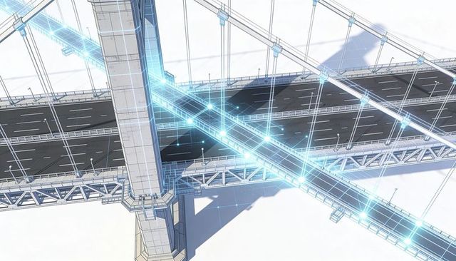 Aerial View Cable-Stayed Bridge with Neon Digital Grid and Glowing Cyan Nodes