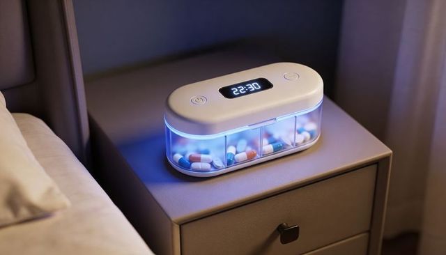 Smart automatic pill dispenser displaying 22:30 led timer with compartment on bedside nightstand