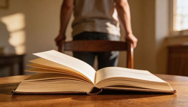 Sunlit open hardcover book on wooden table with reader holding chair in cozy home interior