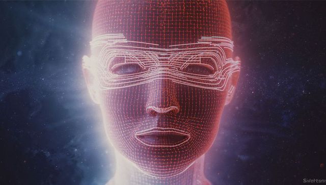 Digital humanoid head in cosmic space with red grid