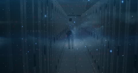 Engineer Walking in Futuristic Server Room with Cybersecurity Theme