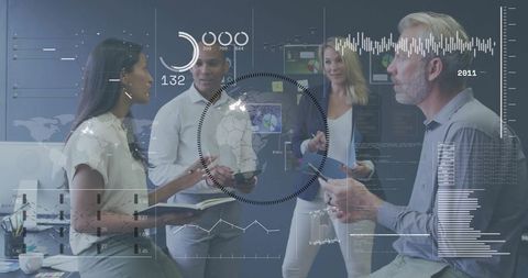 Business team collaborating with augmented reality dashboards and holographic data overlays