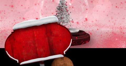 Blank Red Sign with Snow Globe and Christmas Tree Background