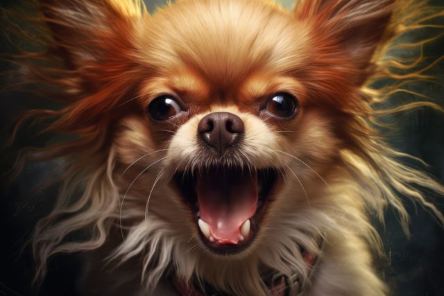 Small chihuahua angry dog with open mouth on black background created using generative ai technology. Animals, pets and nature concept digitally generated image.