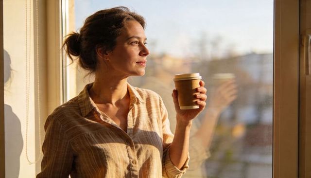 Woman holding takeaway coffee by sunlit window reflecting on morning routine and calmness
