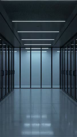 Vertical video showing empty glass hallway in modern office with LED ceiling lines and reflections