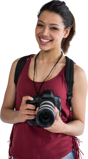 Smiling Female Photographer Holding Digital Camera Transparent Image - Download Free Stock Videos Pikwizard.com