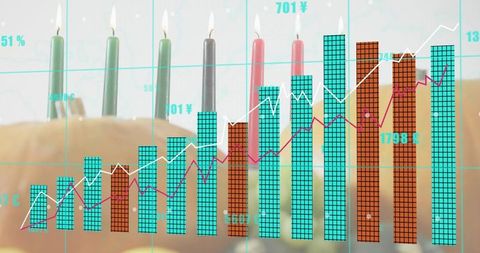 Celebrating data-driven growth with frosted cake and lit candles overlaid by analytic bar chart