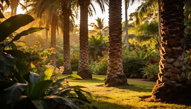 Palm grove bathing in golden hour light with mossy grass and tropical flowering foliage