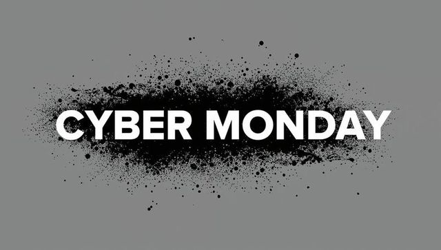 Bold cyber monday sale banner featuring black paint splatter on medium gray background