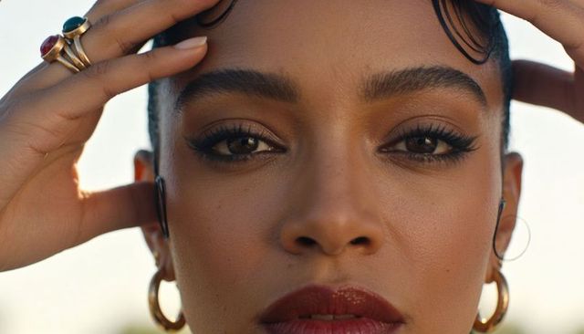 Sunlit closeup portrait of woman touching temples wearing gold hoops and bold lipstick