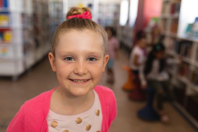 Close-up of happy cute schoolgirl looking at camera in school library