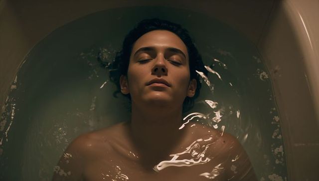 Man soaking in bathtub with eyes closed, intimate cinematic portrait for wellness