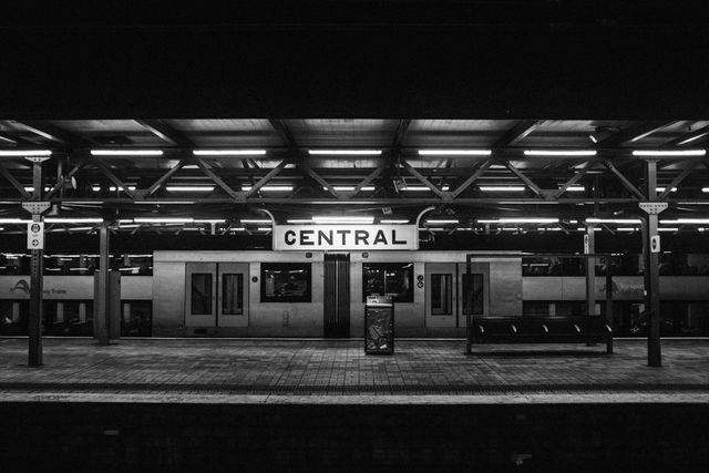 Photo shows a deserted train station platform at night, with a sign reading 'Central', under a metal canopy with fluorescent lights. Ideal for themes involving travel, urban landscapes, solitude, and infrastructure. Can be used in travel blogs, transportation-related content, or urban studies.