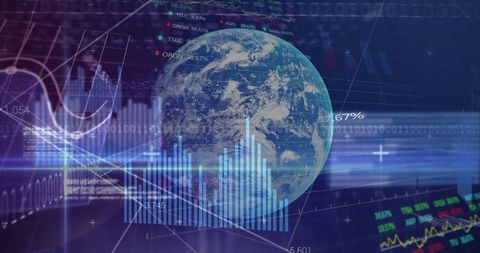 Futuristic Globe with Financial Data and Graphs Overlay