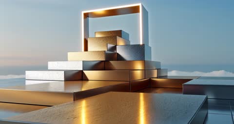 Futuristic Metallic Structure Over Clouds with Glowing Archway