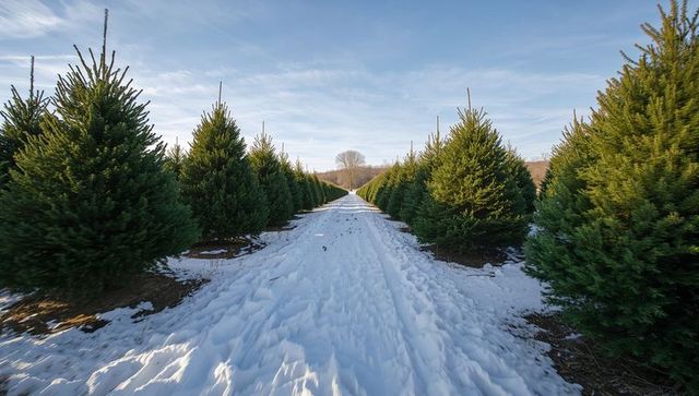 Snowy pathway through evergreen tree farm in winter