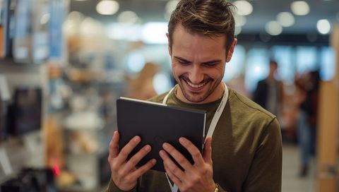 Smiling man discovering tablet features in electronics store, shopper enjoying gadget