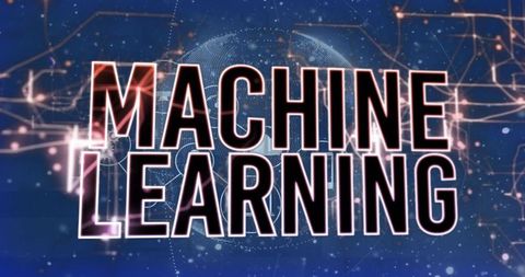 Glowing machine learning tech header over digital data globe, circuit nodes, neon network