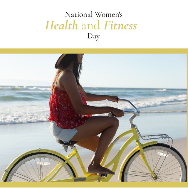National women's health and fitness day text over mid section of woman riding a bicycle at the beach. National women's health and fitness day awareness concept