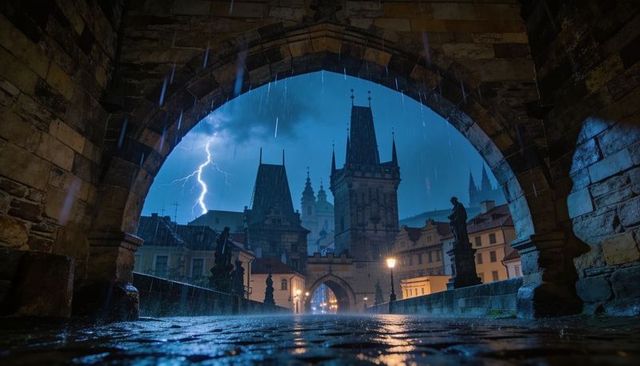 Gothic bridge arch framing stormy night with lightning, rain-slick cobbles, glowing lamps