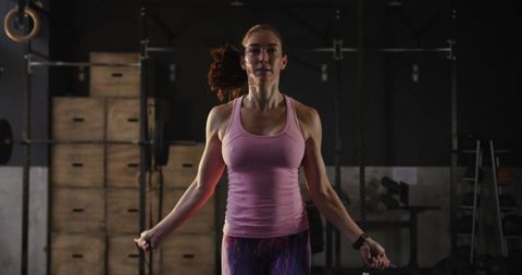 Focused Female Athlete Jump Roping in Industrial Gym Setting