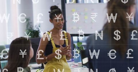 Businesswoman Discussing Global Finance with Diverse Team