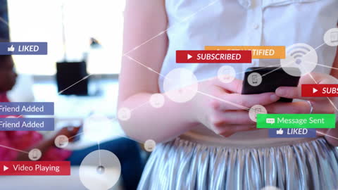 Woman Engaging on Smartphone with Virtual Social Media Interface