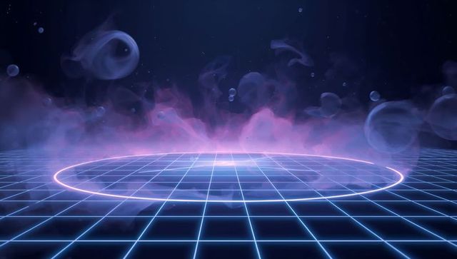 Pulsing Neon Ring Emitting Magenta Mist over Cyan Grid Vaporwave Holographic Stage