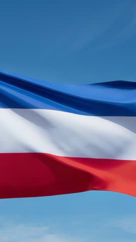 Vertical video of blue white red tricolor flag fluttering in breeze against clear sky