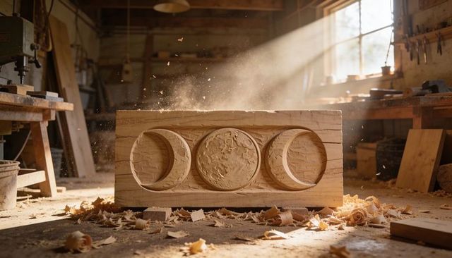 Sunlight streaming across carved wooden relief block, moon phase crescents, textured disk