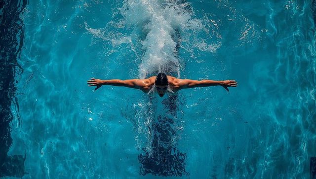 Male swimmer powering butterfly stroke top-down view, dynamic splash in blue racing pool