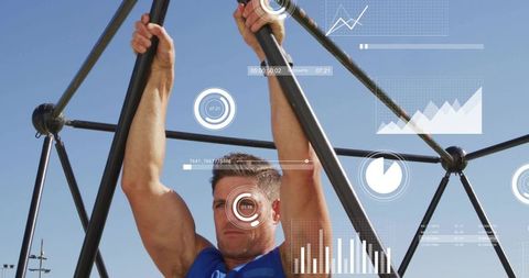 Athlete gripping geodesic dome bars with hud fitness data overlay monitoring performance