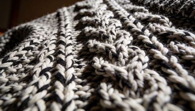 Chunky cable-knit sweater closeup showing braided cables and cream-black yarn texture