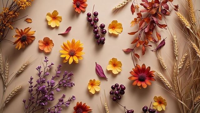 Autumn botanical arrangement with flowers and wheat stalks