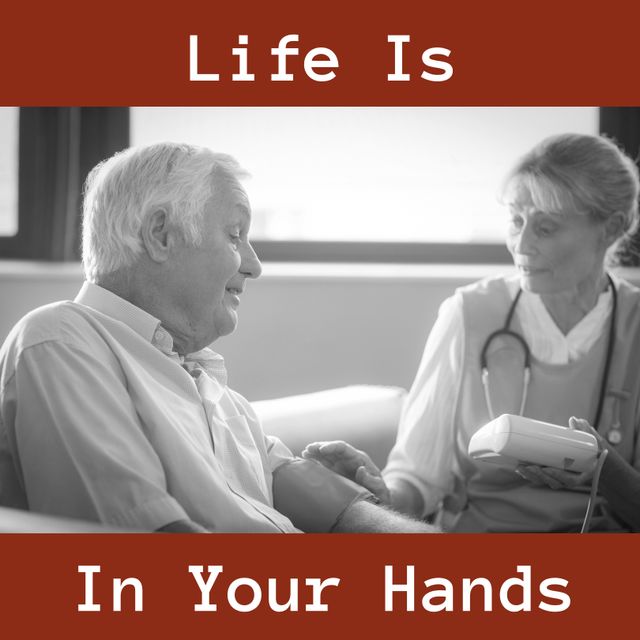 Life is in your hands text over senior caucasian man checking blood pressure. World blood donor day, helping, health, medicine and blood donating concept digitally generated image.